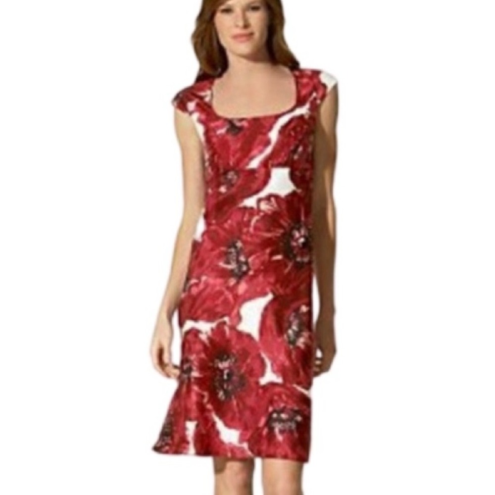 Ann Taylor Floral Poppy Sheath Dress Womens 6 Red White Garden Party Scoop Neck